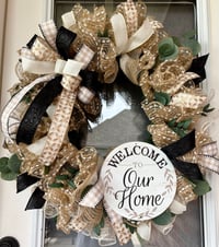 Image 3 of Welcome to Our Home Burlap Wreath - Neutral Gold & Black