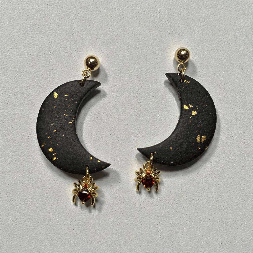 Image of Black & Gold Crescent Moon Spider Earrings 18k Gold Plated Polymer Clay Dangles