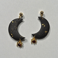 Image 2 of Black & Gold Crescent Moon Spider Earrings 18k Gold Plated Polymer Clay Dangles