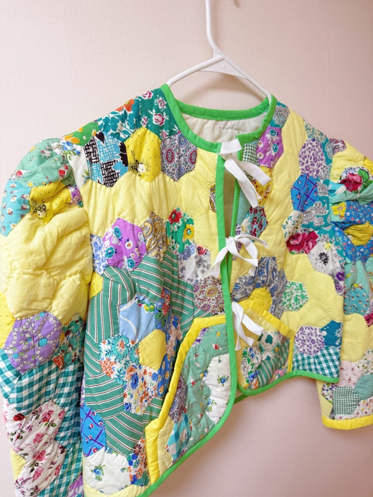 Image of Princess Puff Sleeve Quilt Coat — Grandmothers Flower Garden