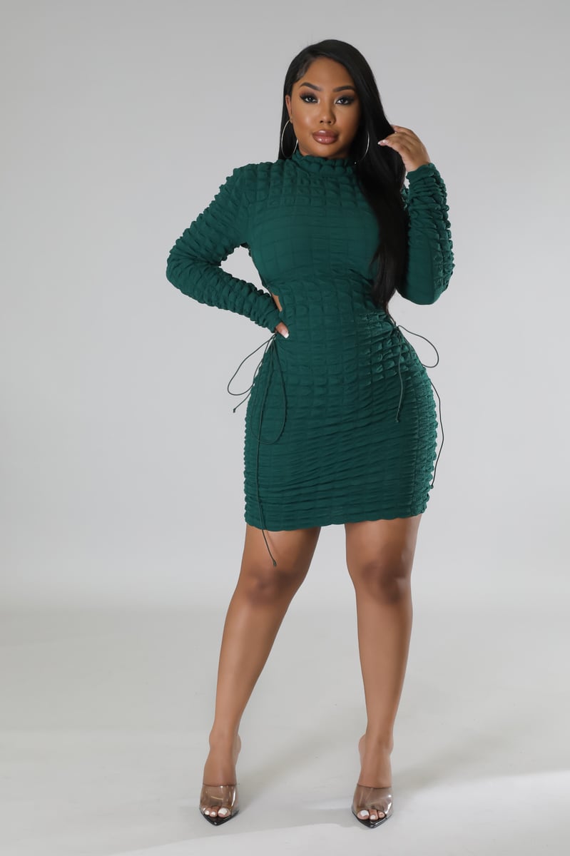 green bubble dress Green Bubble Fabric Lace-Up Turtleneck Short Dress