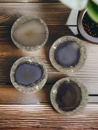 Image 1 of Set of 4 Agate & Grey Moonstone Crystal Resin Coasters With Holder 'The Protection'