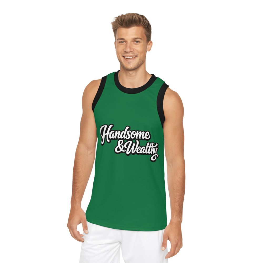 Image of Handsome & Wealthy Basketball Jersey — Green Retro Script AOP Tank