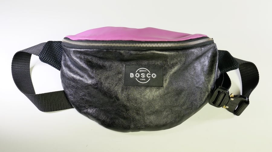 Image of BOSCO PARIS  sac banane en cuir rose /noir 
