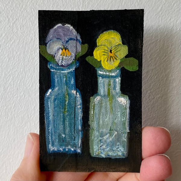 Image of two vintage bottles with violas - tiny painting 