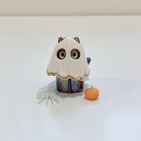 Image 2 of Glow in dark ghost mask, pumpkin, and spider black cat ceramic figurine (rainbow effect)