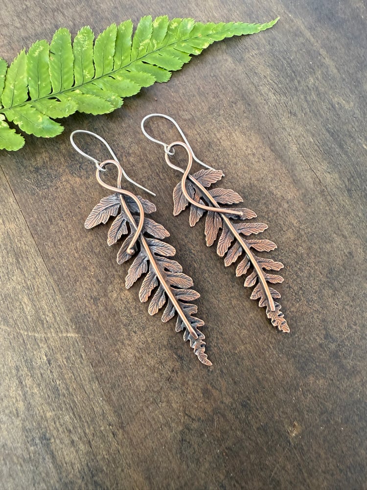 Image of LARGE Copper Autumn Fern Dangle Earrings