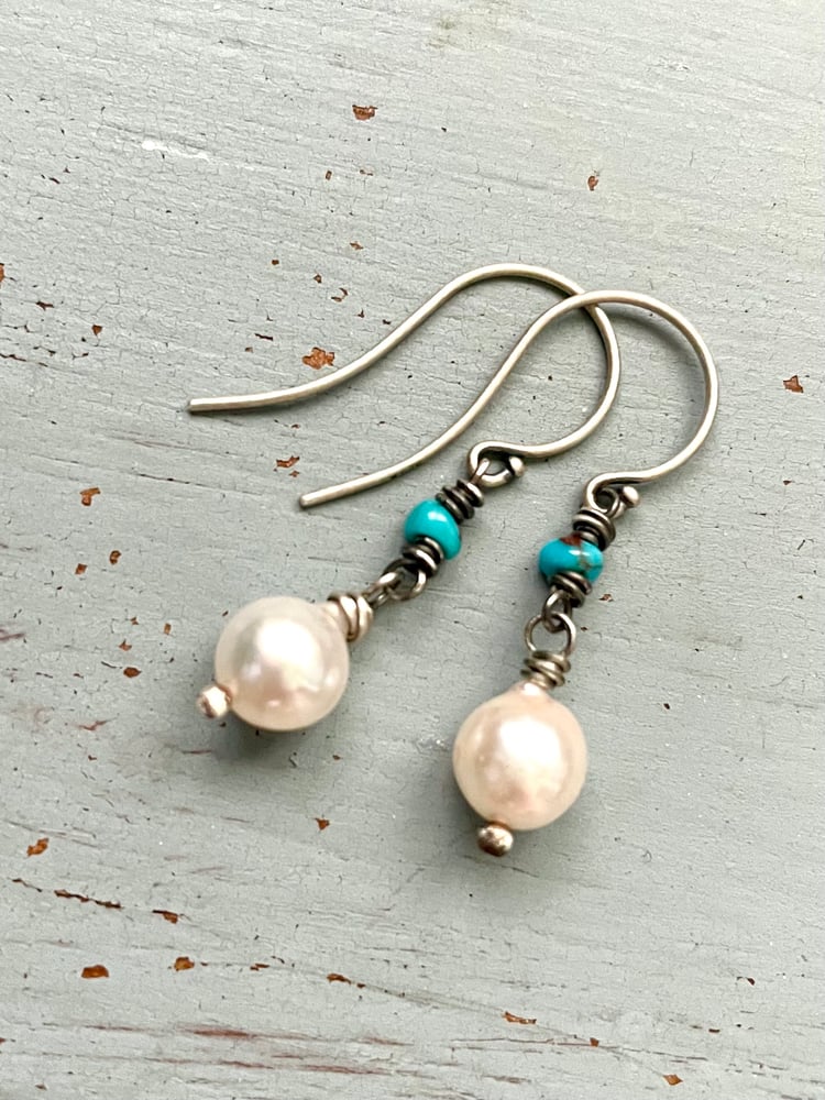 Image of Akoya pearl and Egyptian turquoise earrings