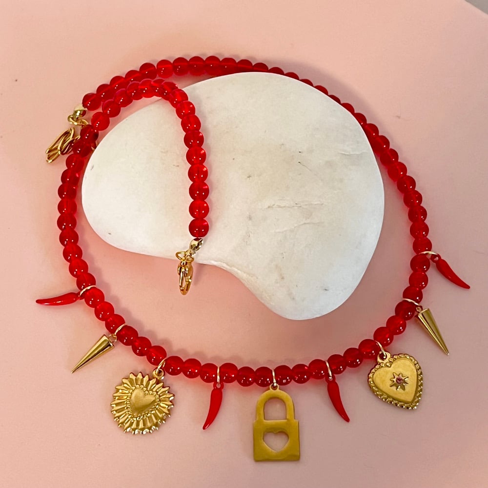 Image of Red Beaded Necklace with Gold charms and Chillis