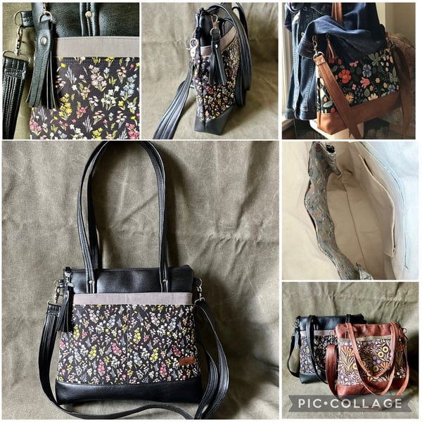 Image of Nightshade floral print Handbag crossbody purse fall shades black vegan leather accents