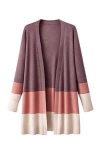 Image 1 of Women's Color Block Cardigan, Open Front, Long Sleeve, Mauve Pink Cream Striped Knit Sweater
