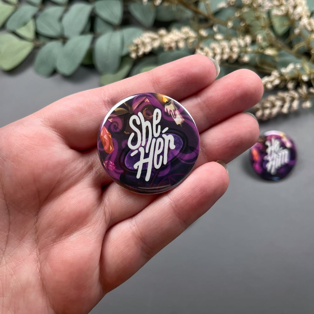 Witchy Pronouns Button / Purple Version