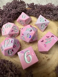 Image 6 of Faery Moon Handmade Jesmonite Dice Set | Pastel Pink and Mint Dice 