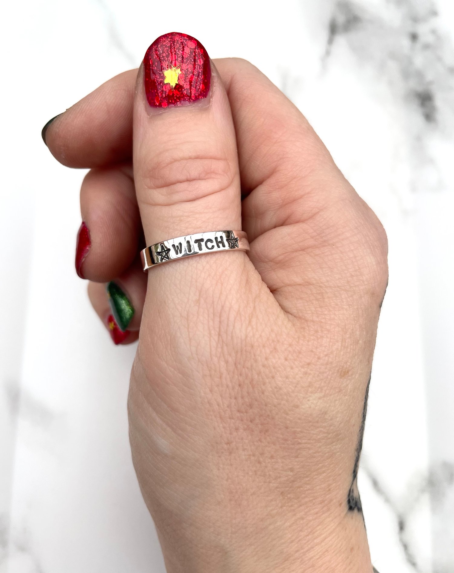 Image of WITCH Sterling Silver Stacking Ring With Pentagrams 925