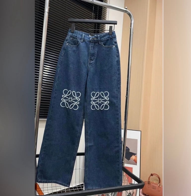 Blue Wide-Leg Jeans with White Embroidery