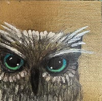 Image 1 of Blue Eyes Owl on Gold magnet. Original Painting on Square 2.75" Canvas Strong hold