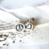 Image 1 of Handmade Mismatched Peace And Love Heart Sterling Silver Stud Earrings 925
