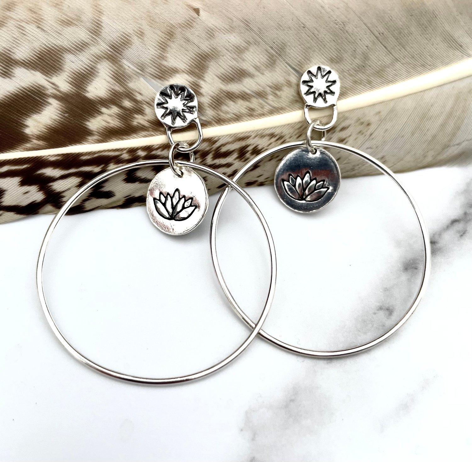 Image of Handmade Sterling Silver Lotus Flower Hoop Earrings