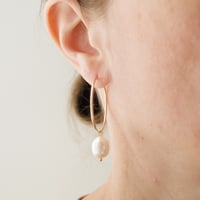 Image 3 of Large Gold Filled Hoops with Pearl Earrings 
