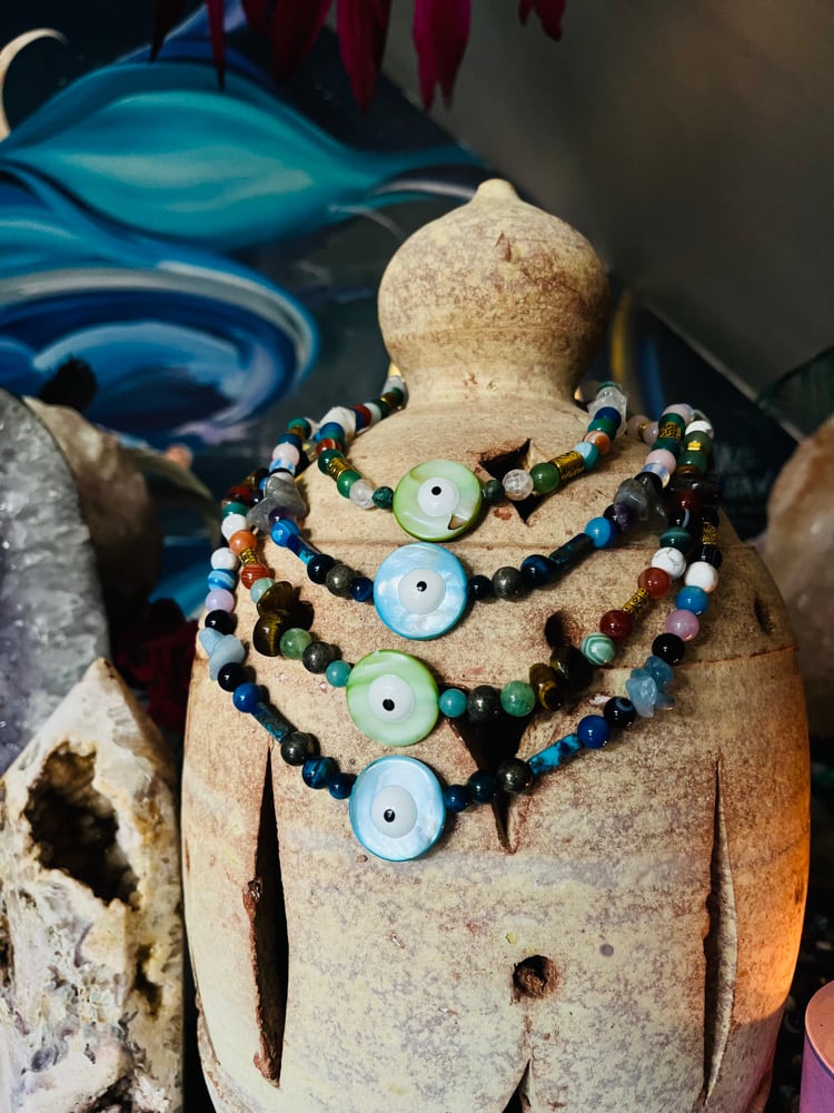 Image of Green & blue agate evil eye protection prayer beads 
