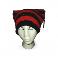 Image 5 of Red and Black Striped Crochet Cat Beanie, Studded Chain Ears, Alternative Style Wear