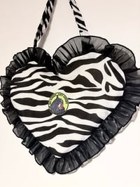 Image 1 of Zebra Print Heart Ruffle Bag – “No Kisses Just Hisses” Patch