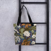 Image 1 of Art Nouveau Inspired Blue, Orange and White Boho Hippie Floral Sketch Tote Bag