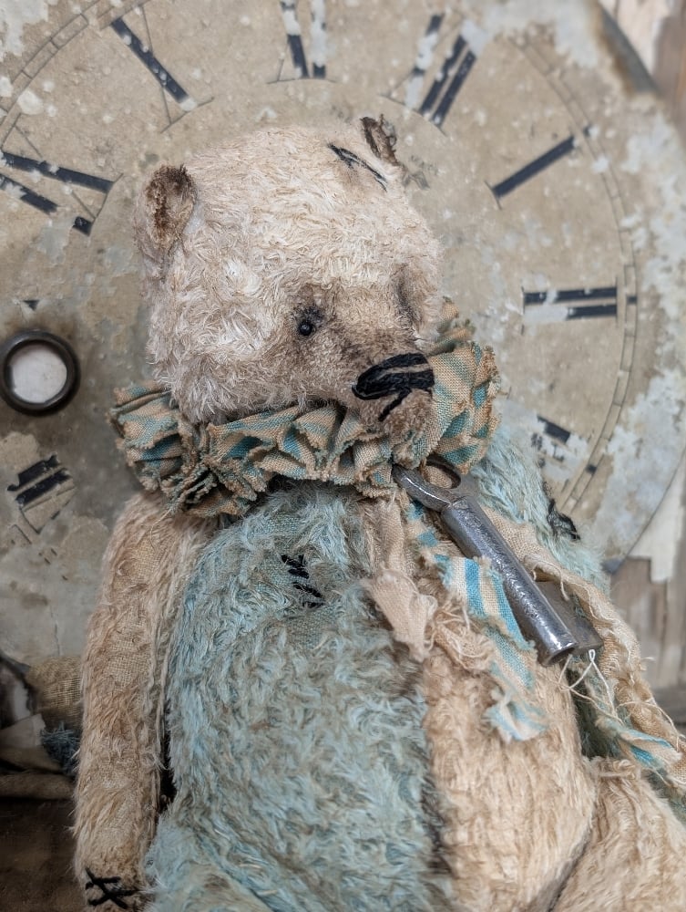 Image of  7" -Vintage Old Primitive CReAM & BluE Teddy Bear   by Whendi's Bears
