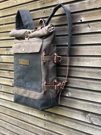 Image 2 of Backpack in waxed canvas with detachable leather side straps and padded shoulder straps