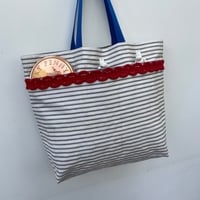 Image 2 of Red, White and Blue Braid Ticking Tote 