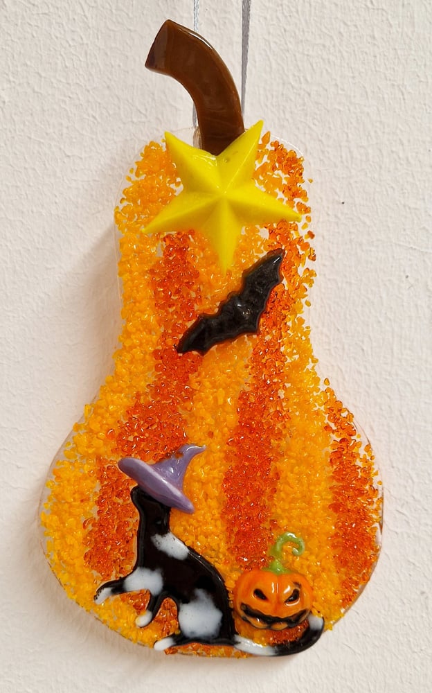 Image of Fused Glass Halloween Gourd with Witches Cat