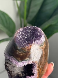 Image 7 of AMETHYST ON A CUSTOM STAND WITH A PERFECT SUGAR COATED CALCITE POINT -URUGUAY-