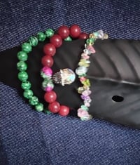 Image 1 of Gemstone stretch bracelet set (red agate,malachite, & crystal)
