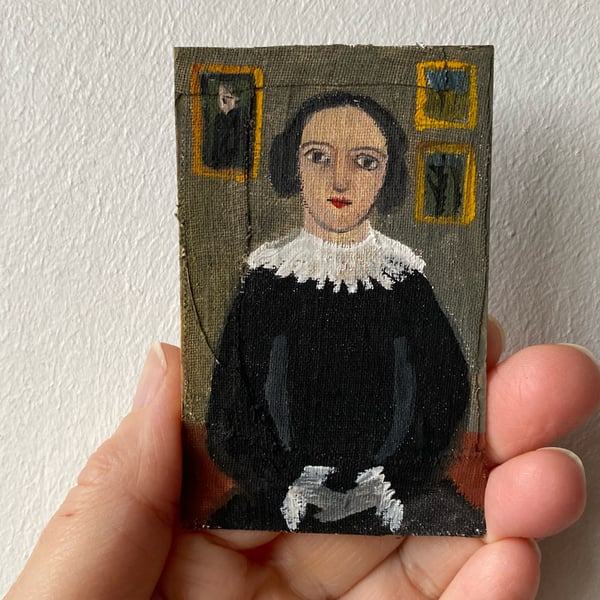 Image of Portrait of a woman in black with lace collar - tiny painting 