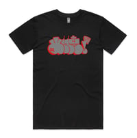 Chrome and red whiz on black shirt 