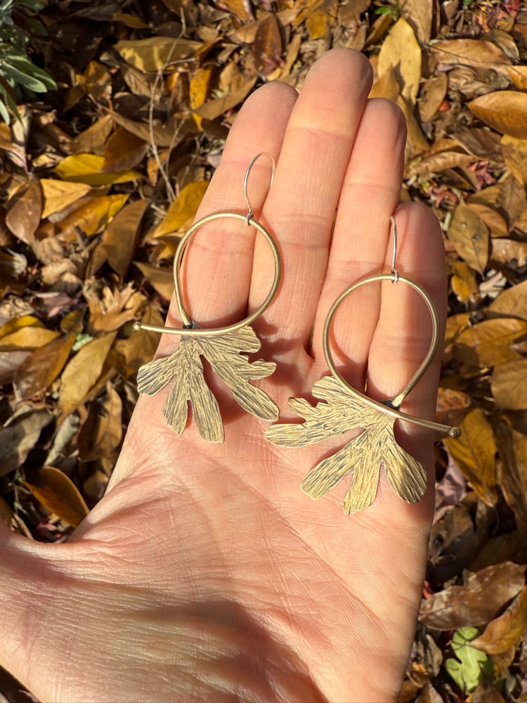 Image of Funky Ginkgo Shape Brass Statement Hoops