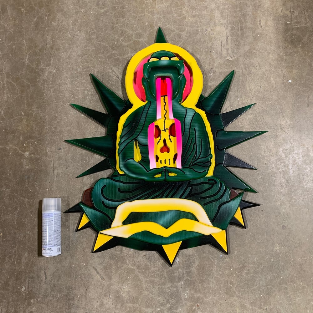 1st 30w x36h 3D wood paint Buddha paint sculpture giveaway 2nd pic set of flash 2019 3rd pic tshirt