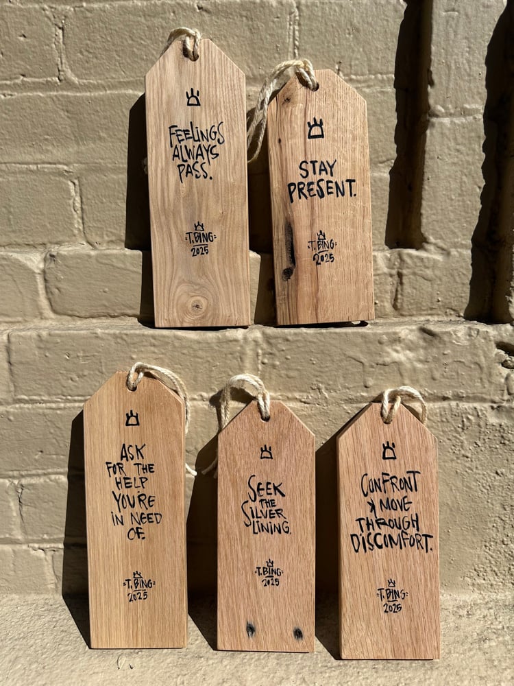 Image of Orange and blue mushrooms tag