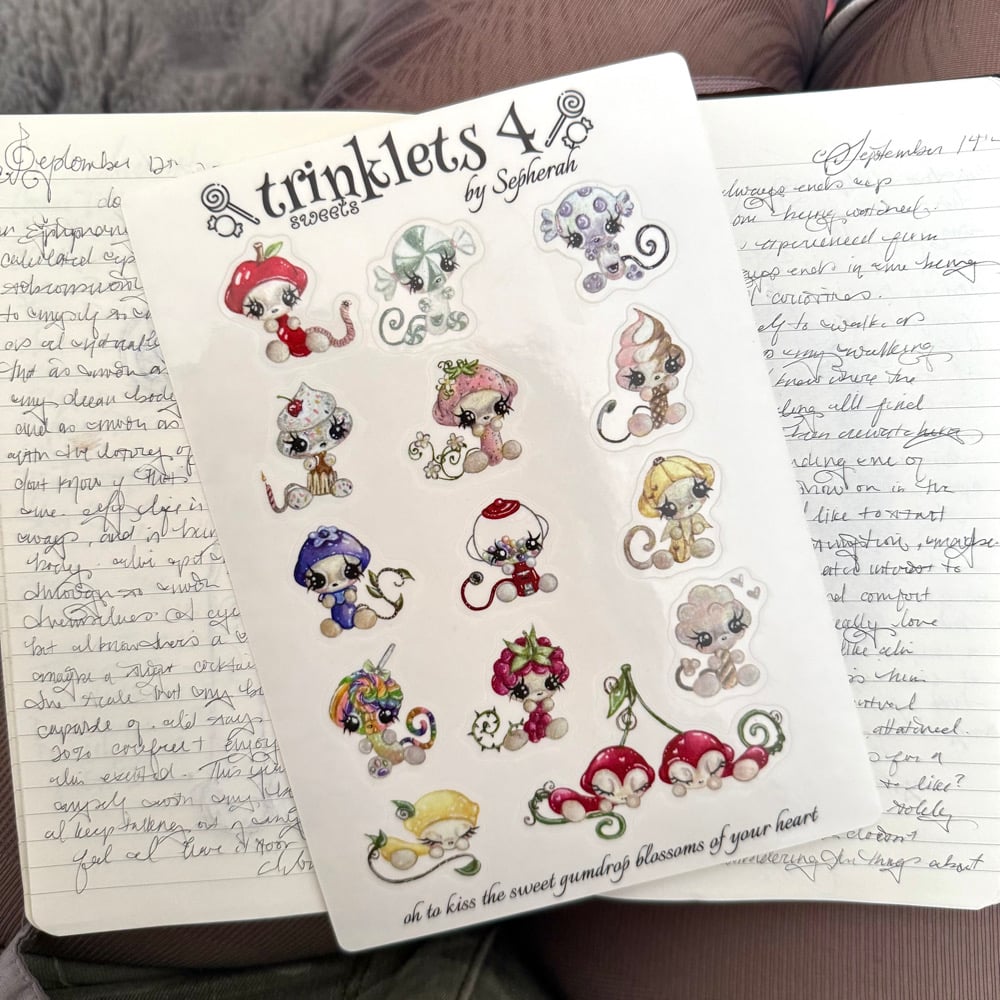 Image of Trinklets 4 (sweets🍭🍎🧁🍋) sticker sheet TRANSPARENT 14pc PREORDER