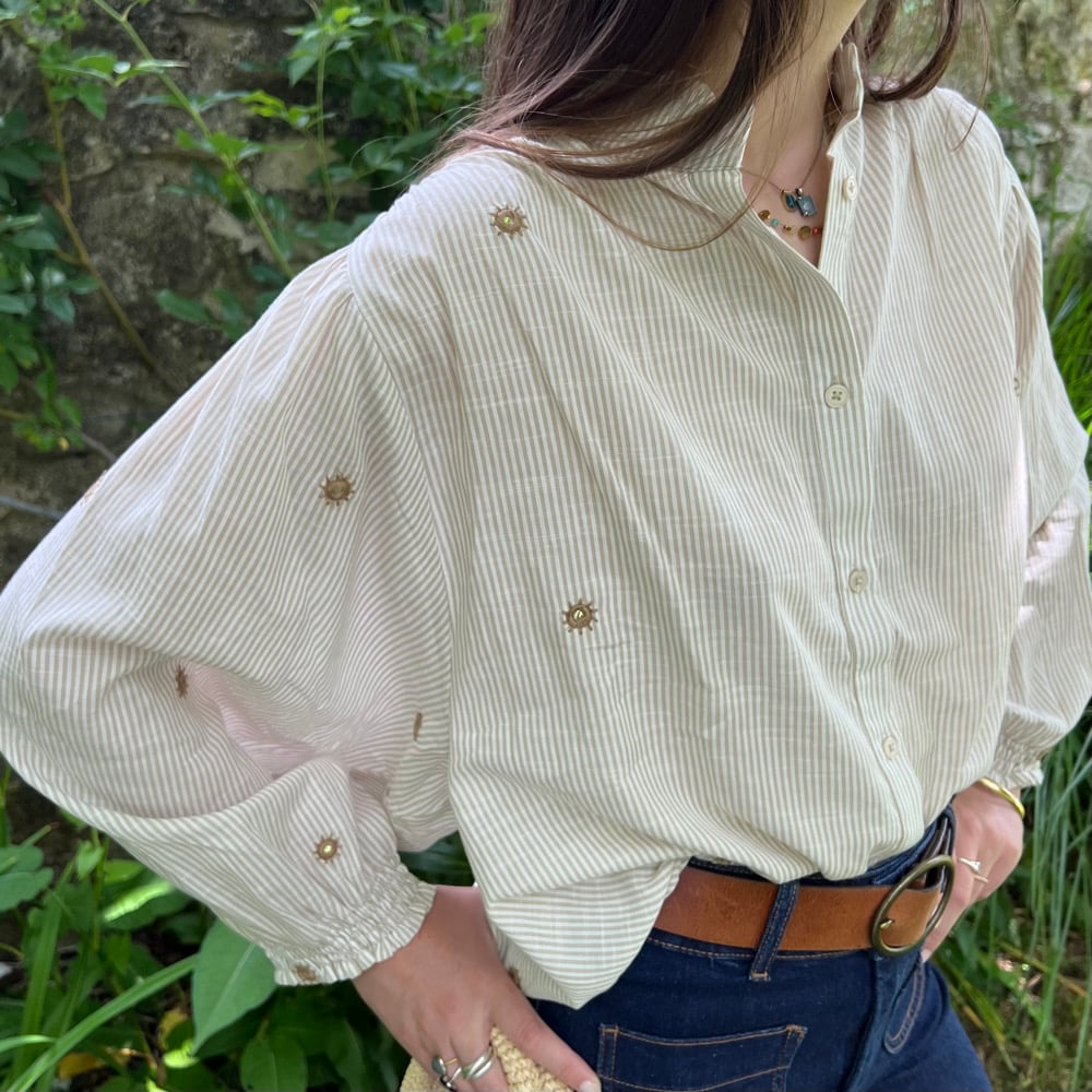 Image of Blouse Bohème rayé Beige & Blanc / Brodé T.U.