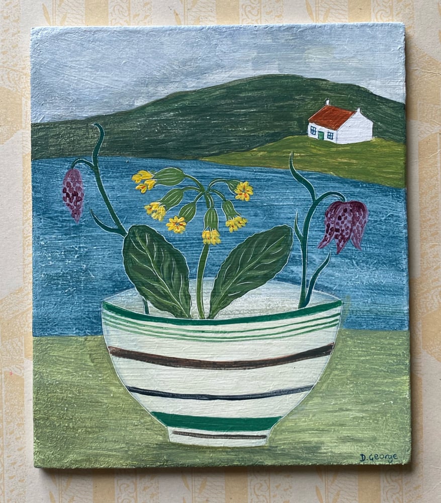 Image of Scottish Bothy and spring flowers 