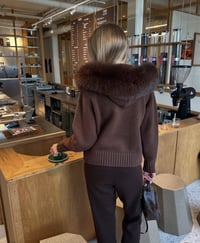 Image 1 of brown knit cardigan with fox fur collar 