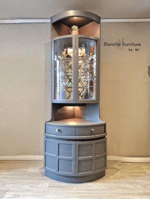 Image of Nathan Corner Drinks Cabinet unit with light in grey - with geometric styled mirrors