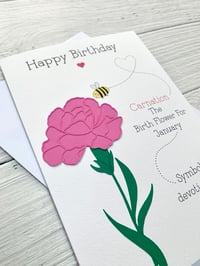 Image 3 of Handmade January Pink Carnation Birth Flower Card - Elegant Birthday Card for January Birthdays