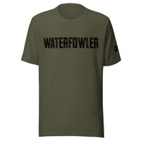 Image 1 of OWG - WATERFOWLER BLACK - With left sleeve brand - Military Green Bella Canvas 3001 Unisex T-shirt