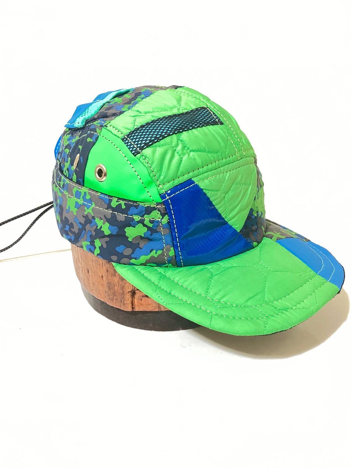 Neon Camo Reflective Blue/Green North Face Upcycle Quilted Brim