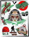 Bigfoot, compass, and mushroom