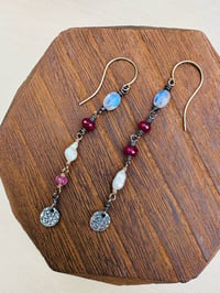 Image 1 of rainbow moonstone and ruby earrings in 14k gold and sterling silver