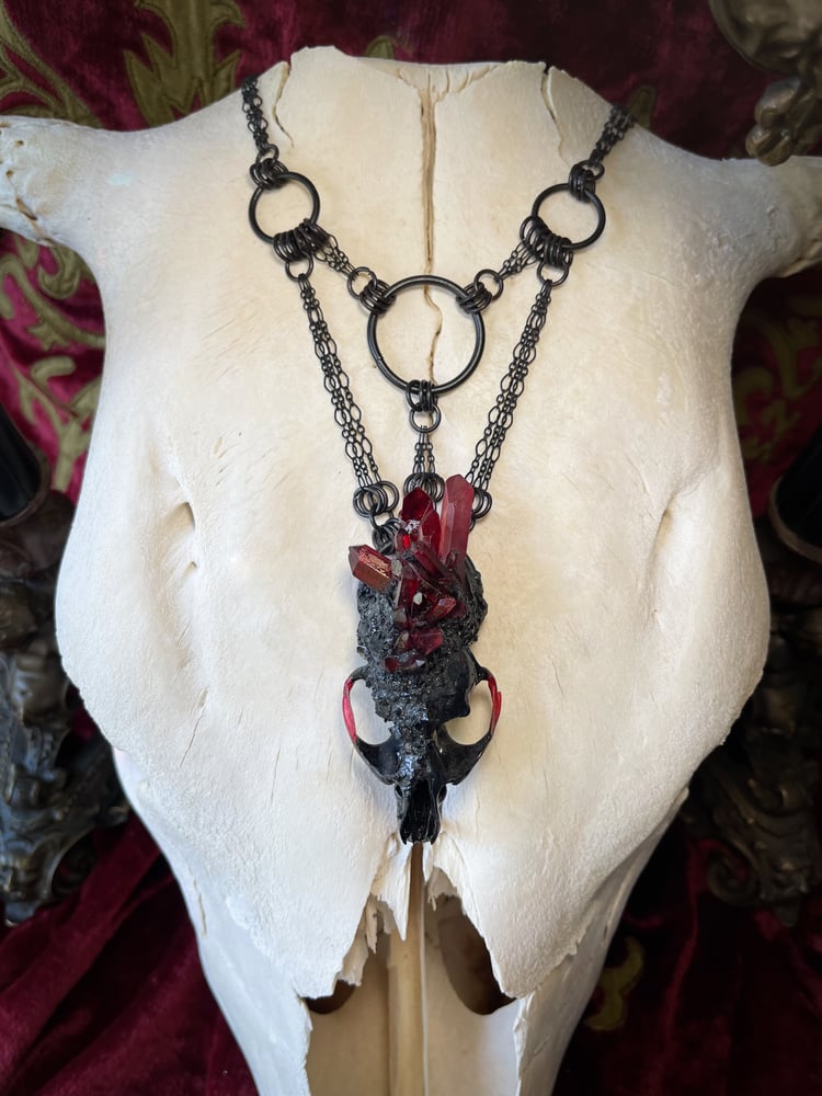 Image of Red Quartz Embellished Muskrat Skull - Chain Necklace