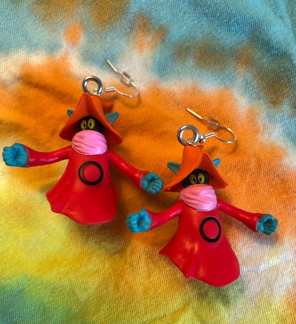 “Ahhhaahaaa—I’m SKELETOR!” & Friends. Except He-Man, he sucks. Upcycled toy earrings.